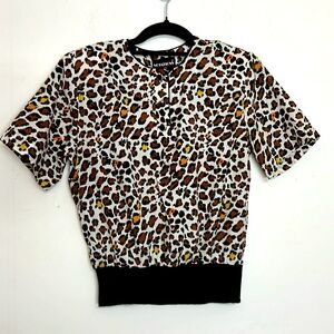 🥲 Notations vintage leopard print blouse short sleeves shoulder pads Henley MP
